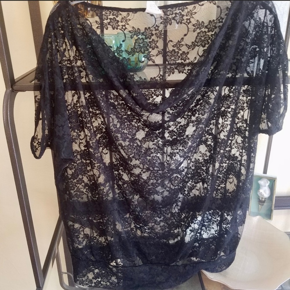L Express lace blouse, scoop neck and smocked waist. Black. Roomy fit. EUC